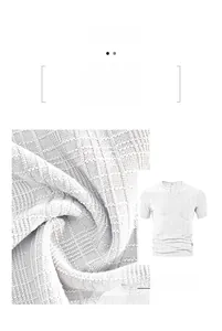 Close-up view of the breathable textured fabric on this white V-neck Henley T-shirt detail