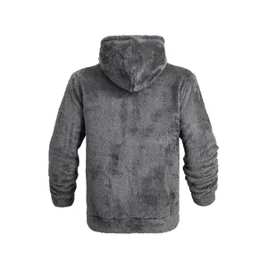 Close-up back view of a warm grey plush fleece hoodie showing soft fabric texture