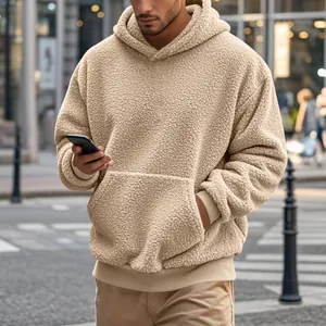 Oversized beige sherpa fleece hoodie for men, featuring a cozy hood and front pocket.