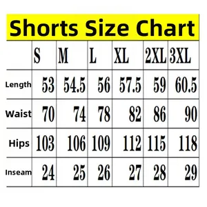 Size chart for men's loose sports shorts detailing length, waist, and hip measurements
