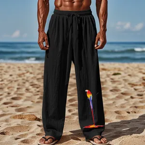 Pantalon noir décontracté pour homme avec imprimé perroquet coloré, idéal pour la plage