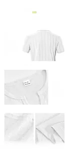 Detailed view of men's textured V-neck Henley shirt showing stitching and collar label