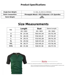 Size chart and details for men's color block short sleeve Henley shirt in green and black