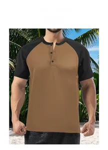 Detail view of color-block Henley shirt featuring a three-button neckline design.