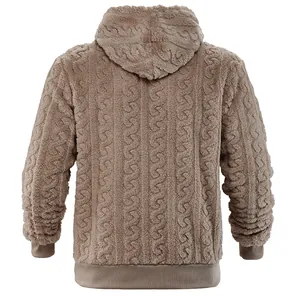 Back view of brown textured fleece hoodie with cable-knit pattern and ribbed hem