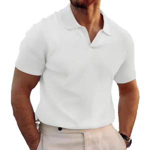 Men's premium white waffle knit short sleeve polo shirt with stylish V-neck collar