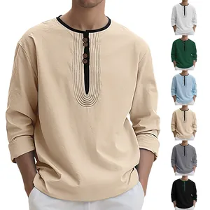 Men's solid color linen-style long sleeve Henley shirt with contrast trim detail