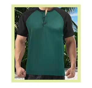 Detail view of men's color block short sleeve Henley shirt in green and black