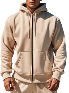 Felpa da uomo beige a tinta unita con cappuccio, zip integrale e tasche frontali capienti.