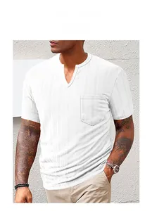 Men's white Henley short sleeve T-shirt with textured fabric and chest pocket detail
