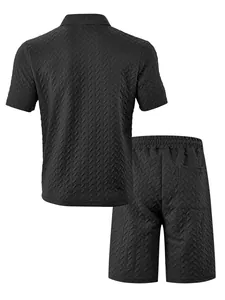 Back view of men's black two-piece casual set featuring textured chevron pattern