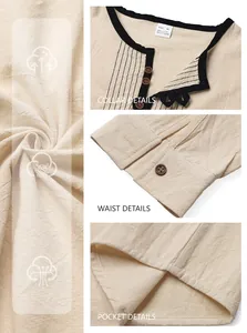 Detailed macro shots of breathable linen fabric texture and collar button design on men's shirt