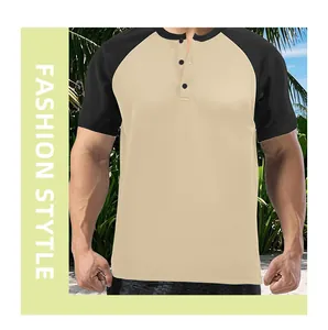 Close-up detail of a stylish men's color-block short sleeve Henley shirt with buttons