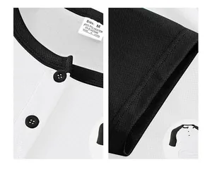 Detailed close-up showing the collar buttons and fabric texture of color block Henley shirt