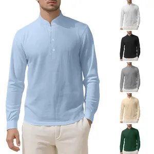 Detail view of men's long sleeve linen Henley shirt showing various color options