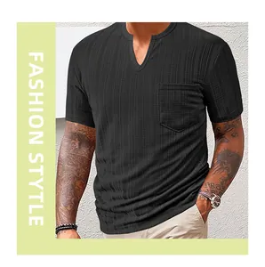 Close-up of black textured Henley t-shirt for men with stylish V-neck and chest pocket