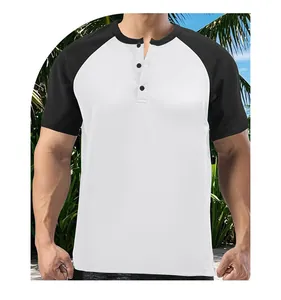 Detail shot of a black and white color-blocked short-sleeve Henley shirt for men
