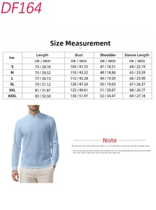 Size chart for men's solid long-sleeved linen Henry shirt with stand collar details
