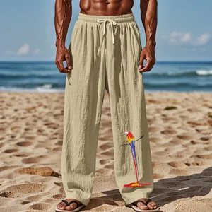 Pantalon décontracté japonais pour hommes en beige avec motif graffiti de perroquet coloré