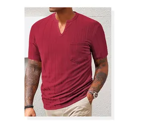 Men's slim fit red Henley T-shirt with textured fabric and chest pocket detail