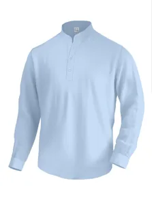 Men's solid light blue slim fit linen long sleeve Henley shirt with a stand collar design