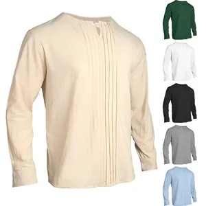 Detailed view of men's long-sleeved pleated Henley shirt available in various solid colors