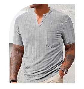 Detailed view of grey textured Henley T-shirt for men with a V-neck and chest pocket