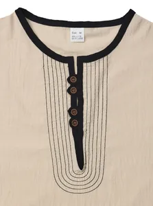 Close-up of men's linen blend shirt neckline with decorative stitching and buttons