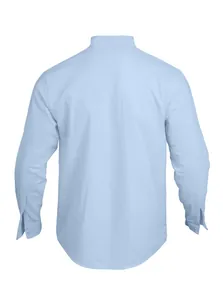 Detailed back view of a men's light blue slim fit linen long sleeve stand collar shirt