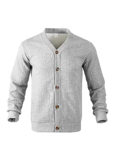 Close-up of a gray textured knit men's cardigan featuring classic wooden style buttons