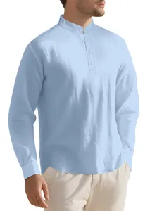 Close-up of light blue men's linen henley shirt with stand collar and buttons
