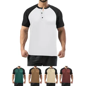 Men's Color Block Henley Shirt Breathable Polyester Raglan Short Sleeve Top Casual Summer Slim Fit Crew Neck Button Tee