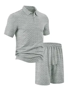 Detailed view of grey men's summer casual set featuring unique textured jacquard pattern