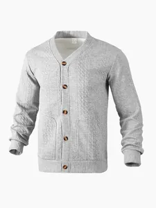 Close-up of a grey men's V-neck cardigan featuring textured knit and buttons.