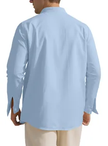 Back view of a light blue linen shirt for men, showing fabric texture and slim fit design.