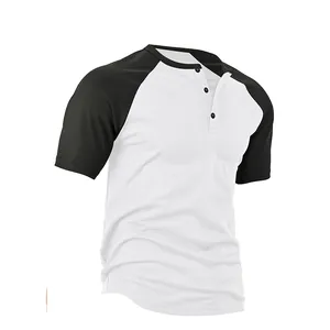 Men's short sleeve raglan Henley shirt with black and white contrast color design
