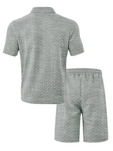 Rear view of men's grey summer jacquard casual set with short sleeves and matching shorts