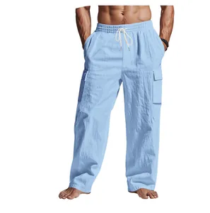 Pantaloni cargo larghi da uomo azzurro con vita a coulisse e tasche multiple pratiche