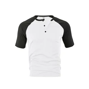 Men's casual color-block Henley shirt with short sleeves and three-button neckline