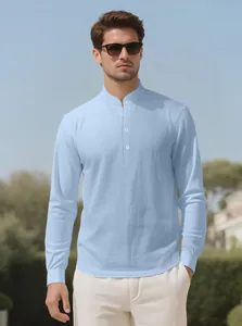 Detail view of a men's light blue long sleeve linen Henley shirt with a stand collar