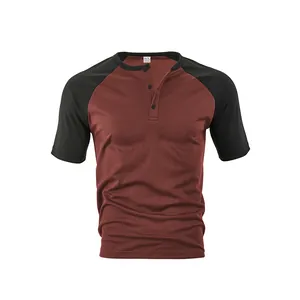 Men's athletic slim fit color-block raglan short sleeve Henley shirt in burgundy and black