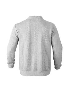 Detailed back view of a men's light grey cable-knit cardigan with textured jacquard