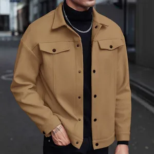 Hochwertige Herren-Freizeitjacke aus khakifarbener Wolle mit Knöpfen für Herbst-Winter