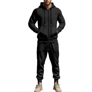 Men's athletic black fleece zip-up hoodie and jogger pants tracksuit set