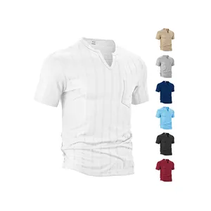 Men's short sleeve Henley shirt with V-neck and chest pocket in multiple colors