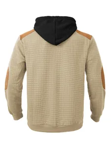 Rear view of men's casual quilted hoodie with contrast patches and black hood