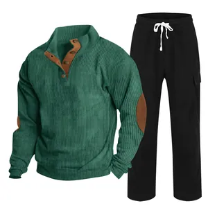 Men's green corduroy half-zip sweatshirt and black drawstring pants tracksuit set