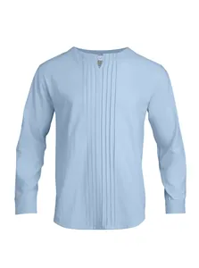 Men's light blue linen long-sleeve henley shirt with vertical front pleats detail
