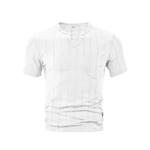 Men's white textured slim fit short sleeve Henley T-shirt with functional chest pocket