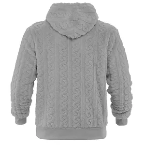 Detailed back view of grey fleece hooded sweatshirt with embossed cable knit pattern